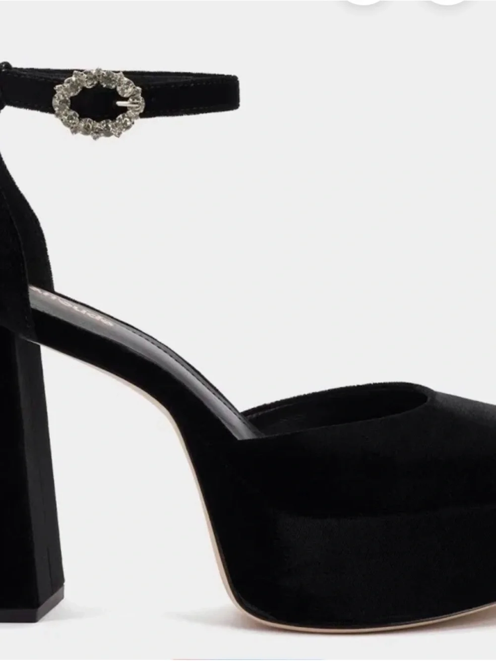 Larroude Black Velvet Platform Ankle-Strap Heels with Crystal Buckle